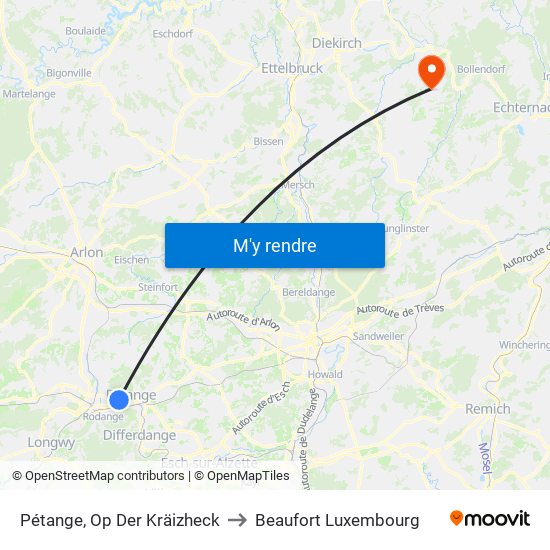Pétange, Op Der Kräizheck to Beaufort Luxembourg map