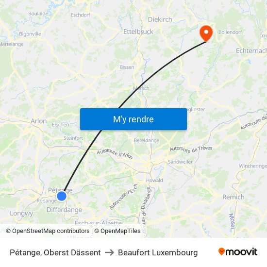 Pétange, Oberst Dässent to Beaufort Luxembourg map