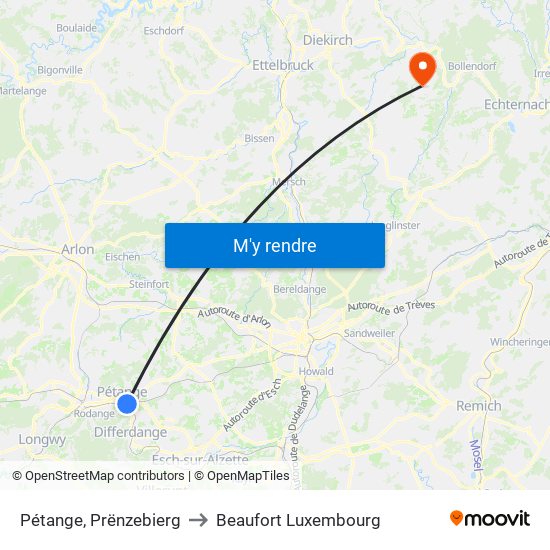 Pétange, Prënzebierg to Beaufort Luxembourg map
