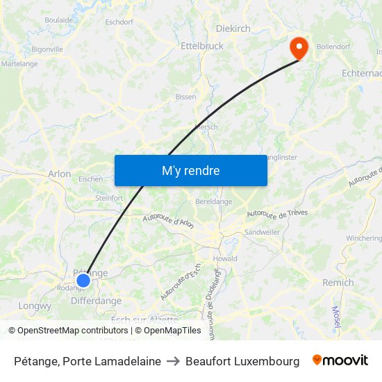 Pétange, Porte Lamadelaine to Beaufort Luxembourg map