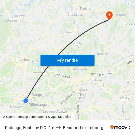 Rodange, Fontaine D'Olière to Beaufort Luxembourg map