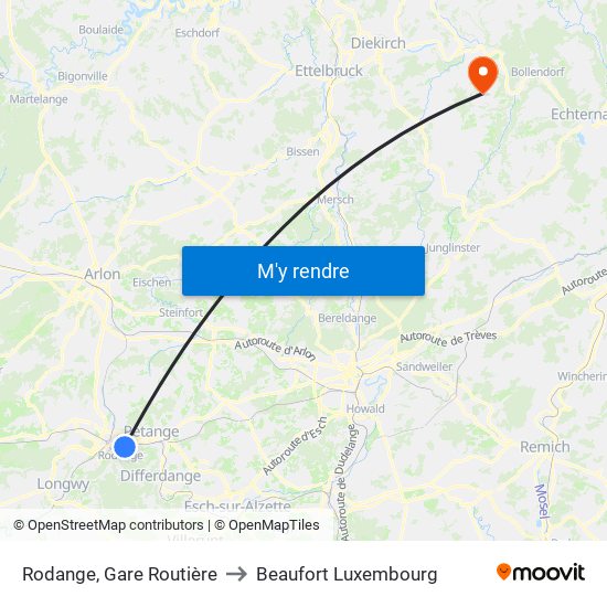 Rodange, Gare Routière to Beaufort Luxembourg map