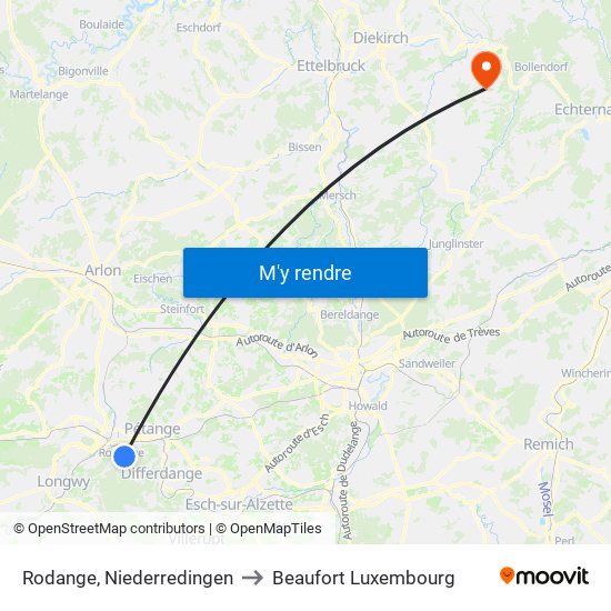 Rodange, Niederredingen to Beaufort Luxembourg map