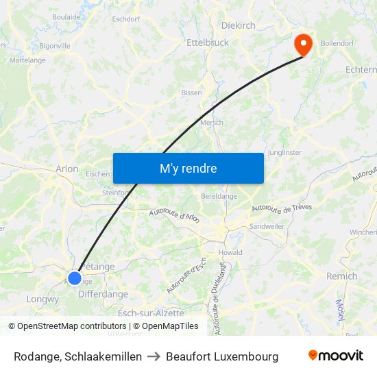 Rodange, Schlaakemillen to Beaufort Luxembourg map
