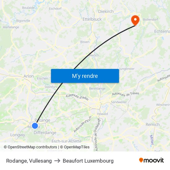 Rodange, Vullesang to Beaufort Luxembourg map