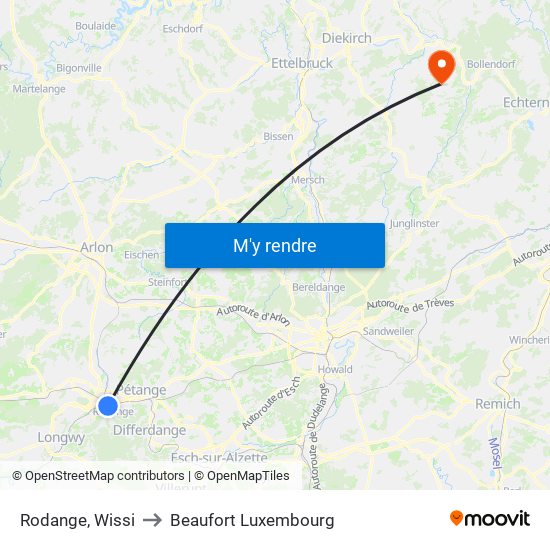 Rodange, Wissi to Beaufort Luxembourg map