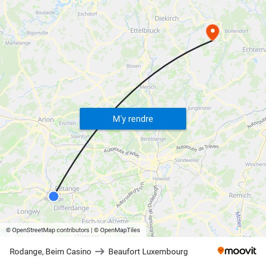 Rodange, Beim Casino to Beaufort Luxembourg map