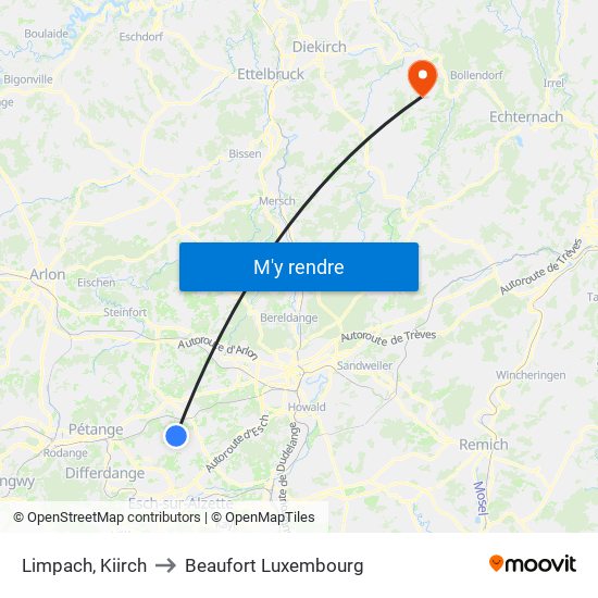 Limpach, Kiirch to Beaufort Luxembourg map