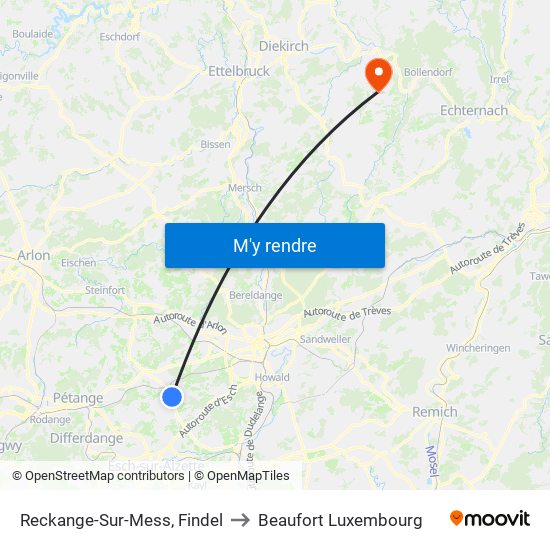 Reckange-Sur-Mess, Findel to Beaufort Luxembourg map