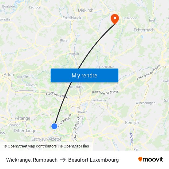 Wickrange, Rumbaach to Beaufort Luxembourg map