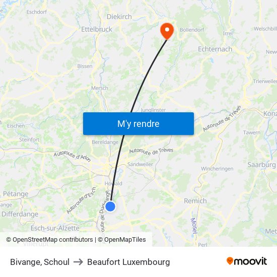Bivange, Schoul to Beaufort Luxembourg map
