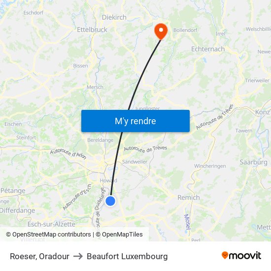 Roeser, Oradour to Beaufort Luxembourg map