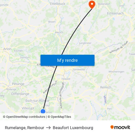 Rumelange, Rembour to Beaufort Luxembourg map