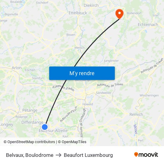 Belvaux, Boulodrome to Beaufort Luxembourg map