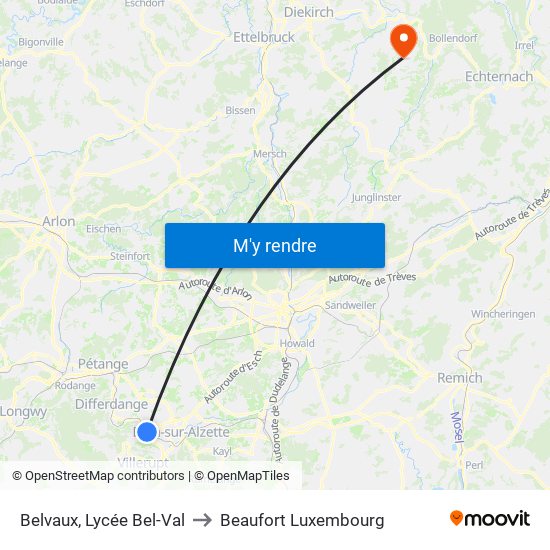 Belvaux, Lycée Bel-Val to Beaufort Luxembourg map