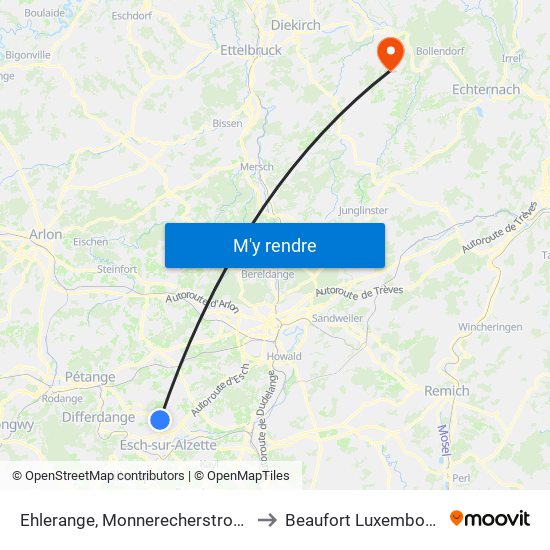 Ehlerange, Monnerecherstrooss to Beaufort Luxembourg map