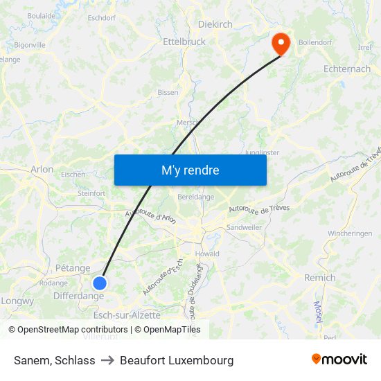 Sanem, Schlass to Beaufort Luxembourg map