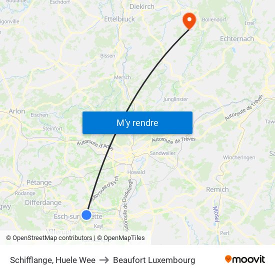 Schifflange, Huele Wee to Beaufort Luxembourg map