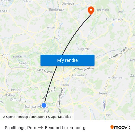 Schifflange, Poto to Beaufort Luxembourg map