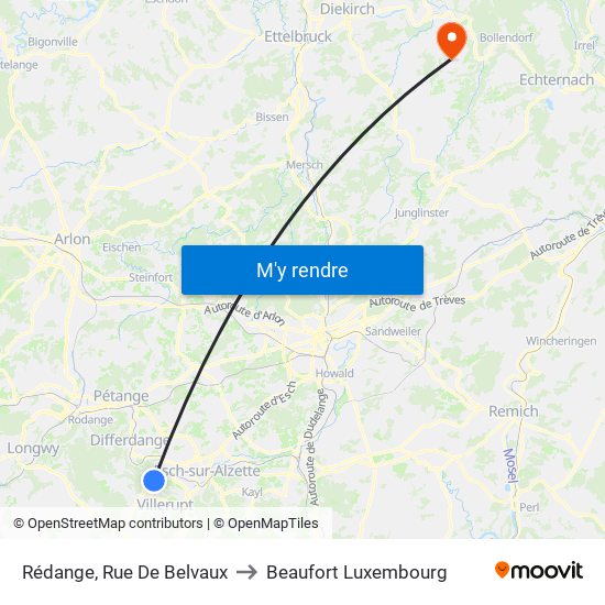 Rédange, Rue De Belvaux to Beaufort Luxembourg map