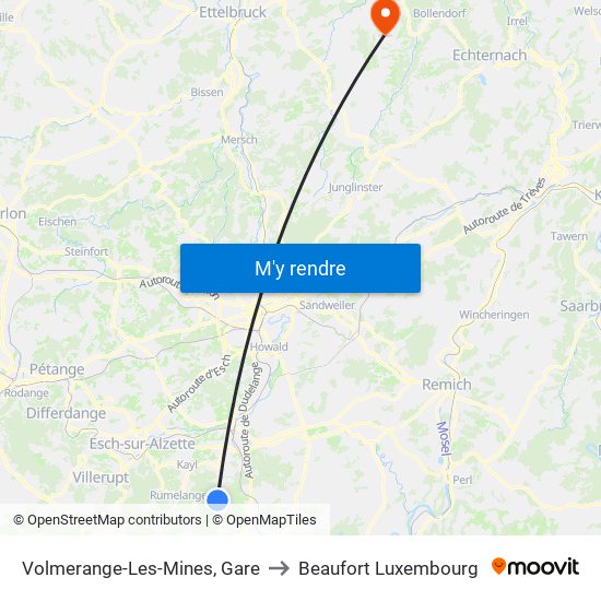 Volmerange-Les-Mines, Gare to Beaufort Luxembourg map