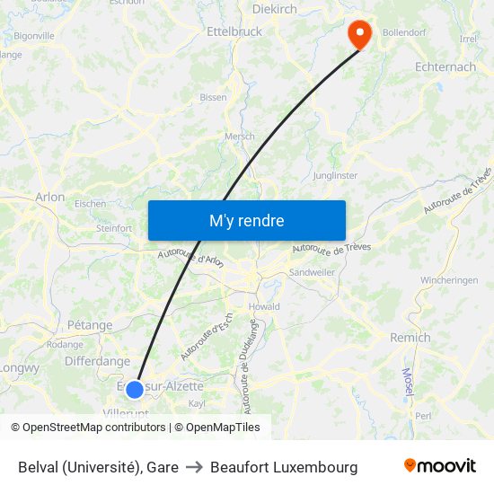 Belval (Université), Gare to Beaufort Luxembourg map