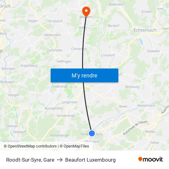 Roodt-Sur-Syre, Gare to Beaufort Luxembourg map