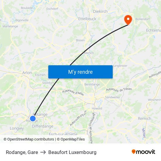 Rodange, Gare to Beaufort Luxembourg map