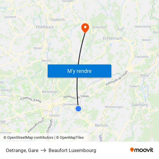 Oetrange, Gare to Beaufort Luxembourg map