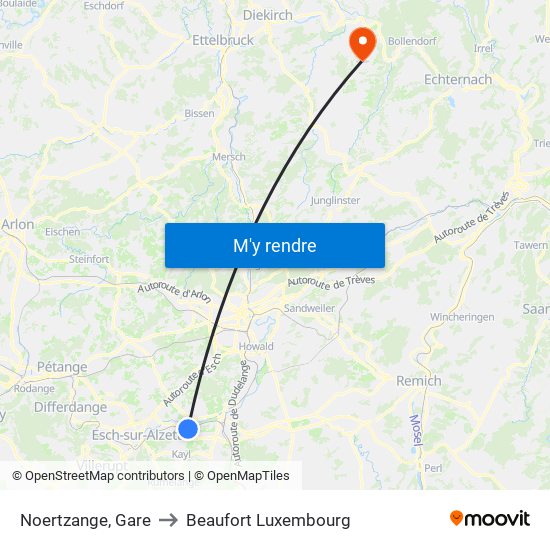 Noertzange, Gare to Beaufort Luxembourg map