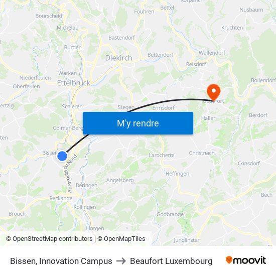 Bissen, Innovation Campus to Beaufort Luxembourg map