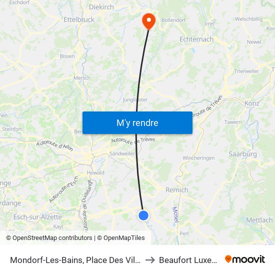 Mondorf-Les-Bains, Place Des Villes Jumelées to Beaufort Luxembourg map