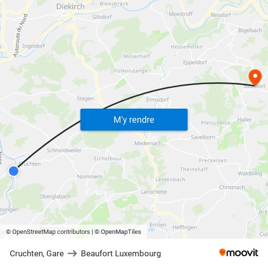 Cruchten, Gare to Beaufort Luxembourg map