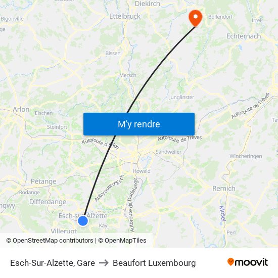 Esch-Sur-Alzette, Gare to Beaufort Luxembourg map