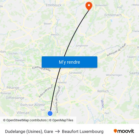 Dudelange (Usines), Gare to Beaufort Luxembourg map