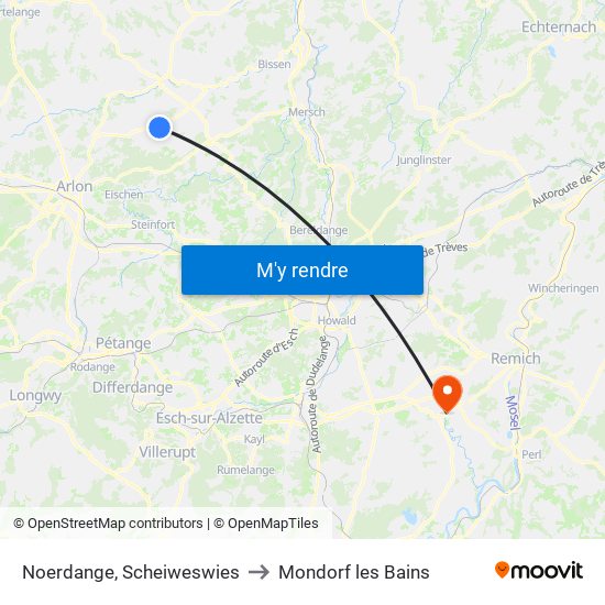 Noerdange, Scheiweswies to Mondorf les Bains map