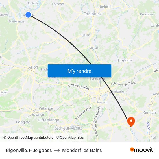 Bigonville, Huelgaass to Mondorf les Bains map