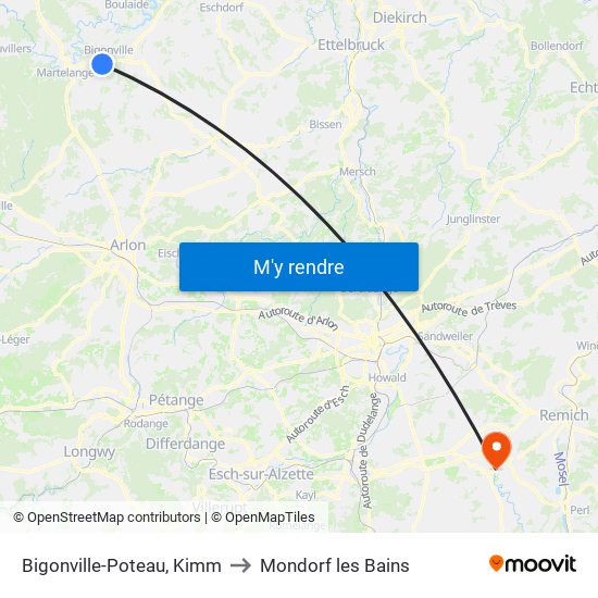 Bigonville-Poteau, Kimm to Mondorf les Bains map