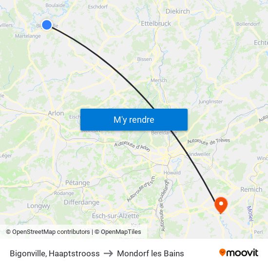 Bigonville, Haaptstrooss to Mondorf les Bains map