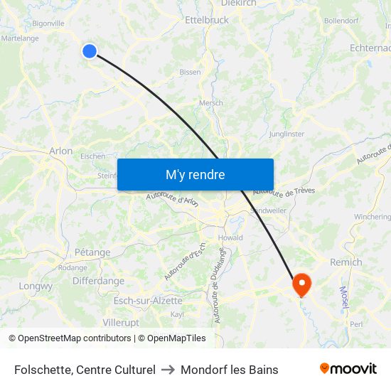 Folschette, Centre Culturel to Mondorf les Bains map
