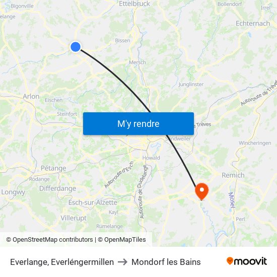 Everlange, Everléngermillen to Mondorf les Bains map