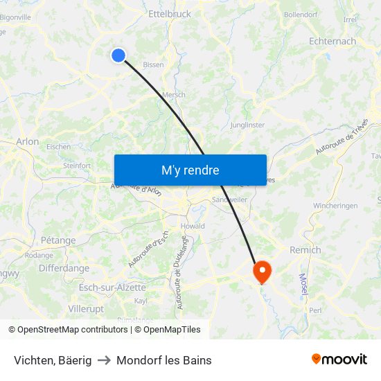 Vichten, Bäerig to Mondorf les Bains map