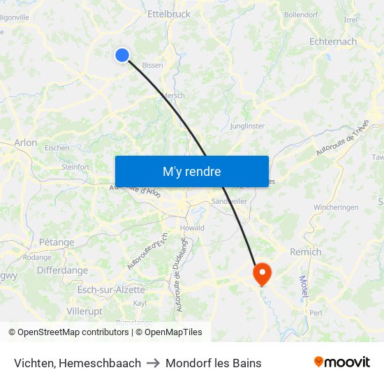 Vichten, Hemeschbaach to Mondorf les Bains map