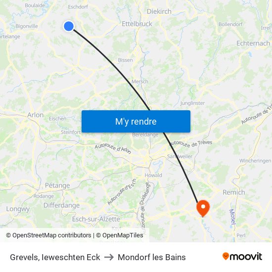 Grevels, Ieweschten Eck to Mondorf les Bains map