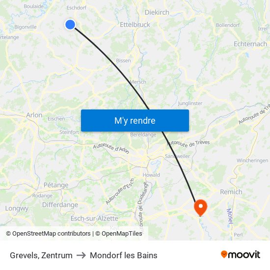 Grevels, Zentrum to Mondorf les Bains map