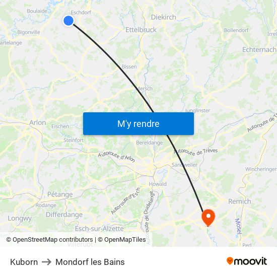 Kuborn to Mondorf les Bains map