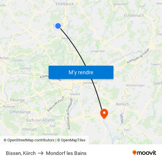 Bissen, Kiirch to Mondorf les Bains map