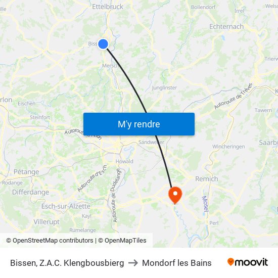 Bissen, Z.A.C. Klengbousbierg to Mondorf les Bains map