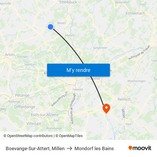 Boevange-Sur-Attert, Millen to Mondorf les Bains map