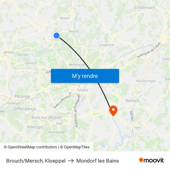 Brouch/Mersch, Kloeppel to Mondorf les Bains map